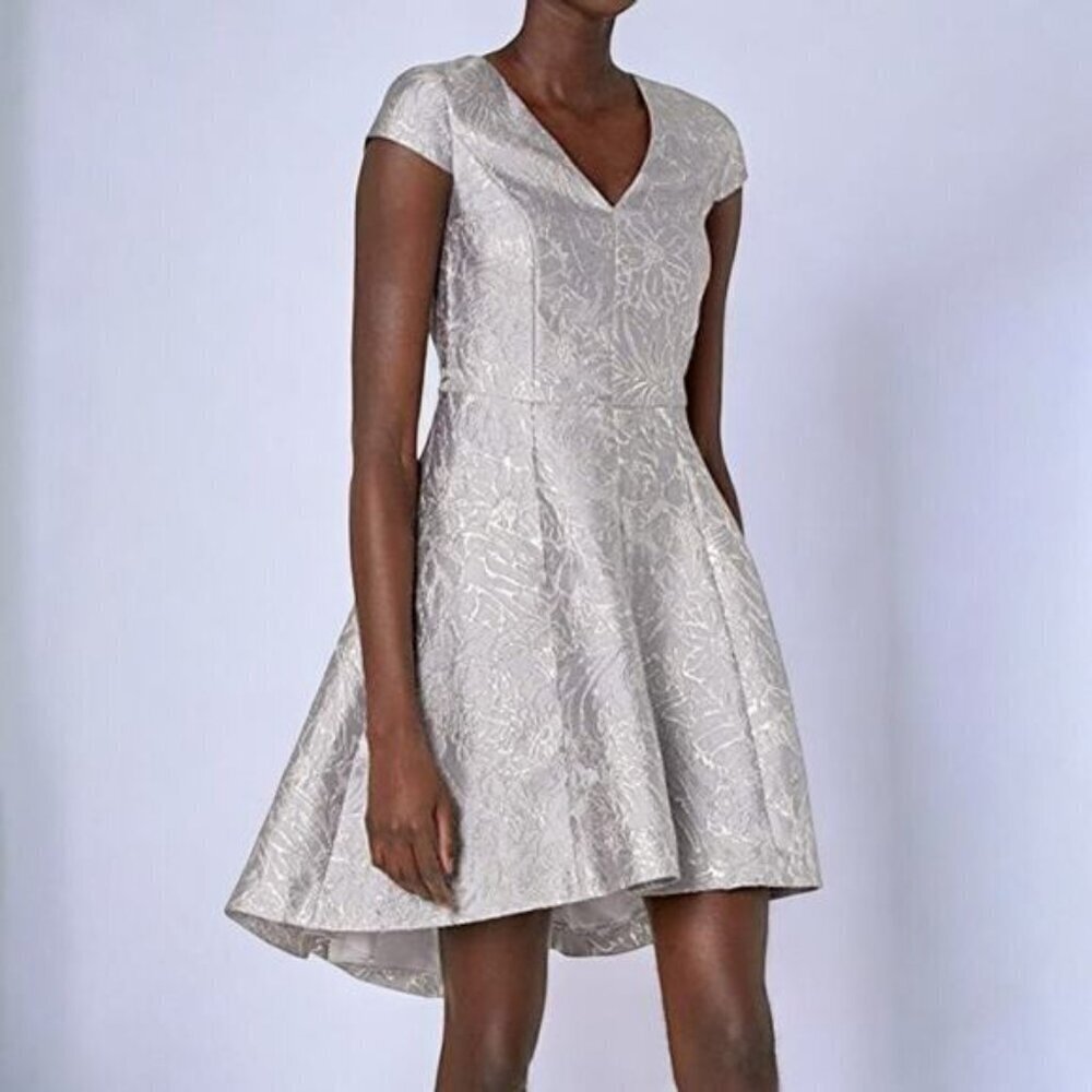 Halston Heritage Metallic Jacquard High/low Cocktail Dress In Silver Grey -‎ 2